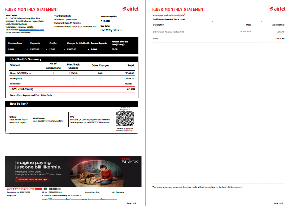 India Airtel utility bill template in Word and PDF formats, 2 pages, version 4